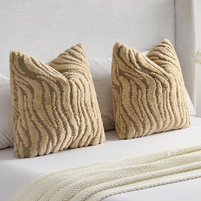 FUTEI Khaki Decorative Throw Pillow Covers 12x20 Inch Set of 2,Soft Faux Fur Geometric Shapes Texture Pillowcase,Boho Home Decor for Couch Bed Living Room