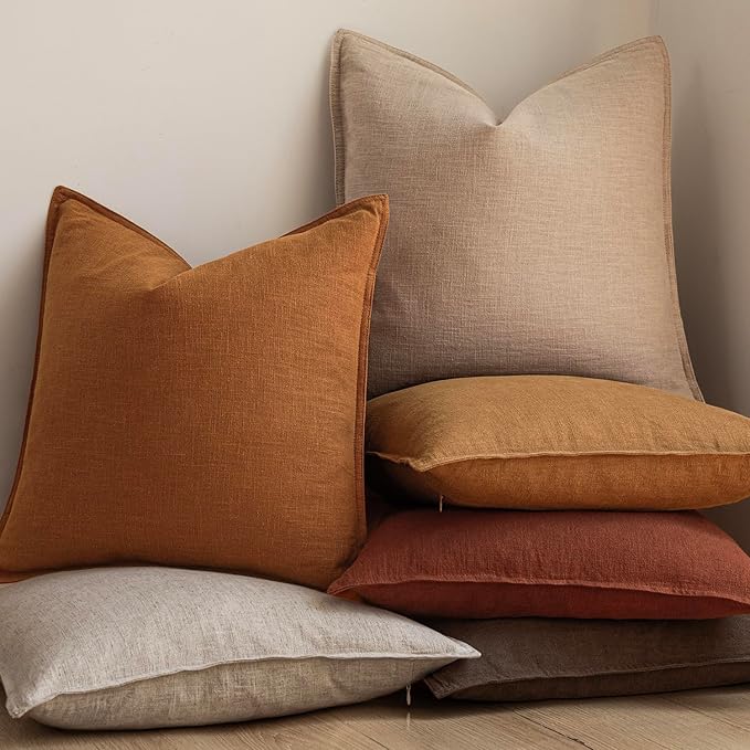 Foindtower Set of 2, Decorative Linen Soild Throw Pillow Covers Soft Accent Cushion Euro Case Boho Farmhouse Pillowcase for Chair Couch Sofa Bedroom Living Room Home Decor 26 x 26 Inch Autumn Orange