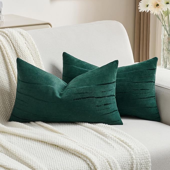 FUTEI Dark Green Chenille Decorative Throw Pillow Covers 12x20 Inch Set of 2,Soft Embossed Striped Textured Lumbar Pillow Cases,Modern Home Decor for Couch Bed Living Room