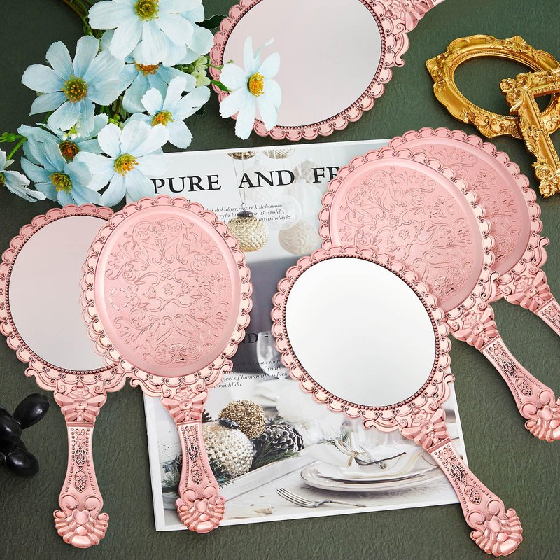 Qunclay 24 Pcs Vintage Rose Gold Handheld Mirrors, Baroque Embossed Compact Makeup Mirror with Handle for Pink Themed Princess Party Favors, Weddings, Bridal Showers, Birthday Gifts, Travel