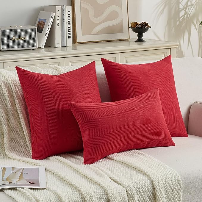 FUTEI Christmas Red Chenille Throw Pillow Covers 20x20 Inch Set of 2,Soft Wide Chevron Textured Cushion Case,Farmhouse Home Decor for Couch Bed Living Room