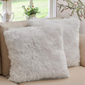 Cheer Collection Throw Pillows for Couch and Bed, Soft Shaggy Throw Pillows with Inserts Included, Cozy Long Hair Faux Fur Pillows - Set of 2-26" x 26" White