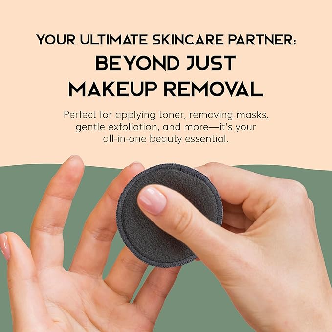 Greenzla Reusable Makeup Remover Pads - 20 Pack Organic Dark Charcoal Bamboo Cotton Pads with Mesh Laundry Bag, Cotton Travel Pouch, & Cotton Rounds Holder, Sustainable Face Wipes for All Skin Types
