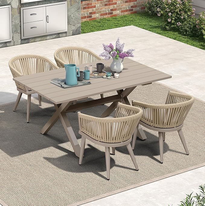 PURPLE LEAF 5 Pieces Outdoor Dining Set with Patio Aluminium Dining Table and Wicker Chairs Modern Furniture Cushions Sets for Backyard Indoor Decor Kitchen Champagne
