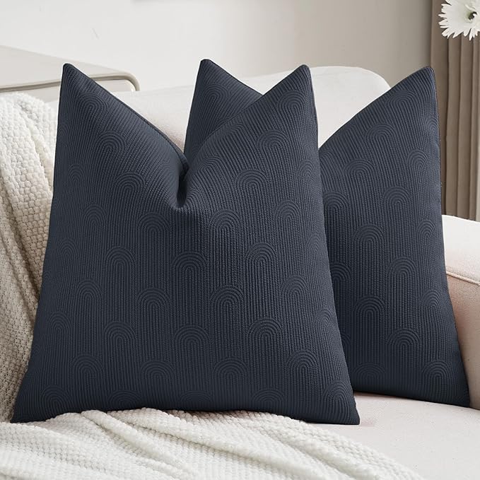FUTEI Navy Blue Chenille Decorative Throw Pillow Covers 24x24 Inch Set of 2,Soft Cozy Striped Geometric Patterns European Cushion Cases,Modern Home Decor for Couch Bed Living Room