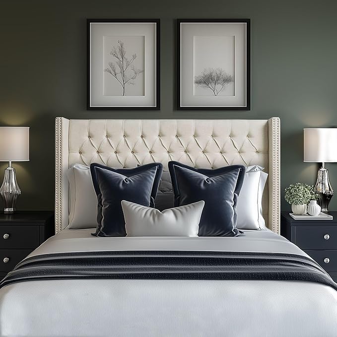 Madison Park Amelia Upholstered Headboard | Nail Head Trim Wingback Button Tufted | King, Cream