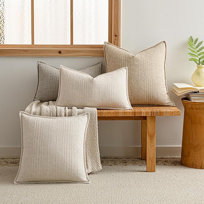 a moment Linen Pillow Covers Set of 2,Boho Farmhouse Throw Pillowcases Neutral Textured Decorative Covers for Couch Sofa, Soft Linen Blend Accent Case Cushion Living Room Home Decor 24"x24"Khaki