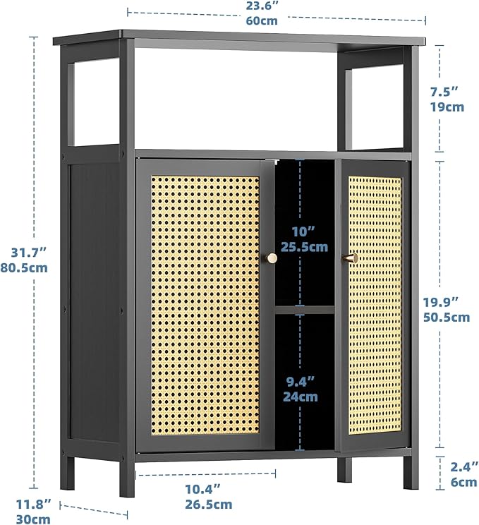 HITNET Bamboo Floor Cabinet, Bathroom Storage Cabinet with 2 Rattan Doors and Shelves, Space Saving Freestanding Kitchen Cupboard, Black