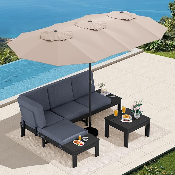 SERWALL HDPE Patio Furniture Set with 15FT Double Side Patio Umbrella, Outdoor Sofa Set, Seats 4, Modular Sectional Couch for Patio, Garden, Backyard, Black Frame with Grey Cushion