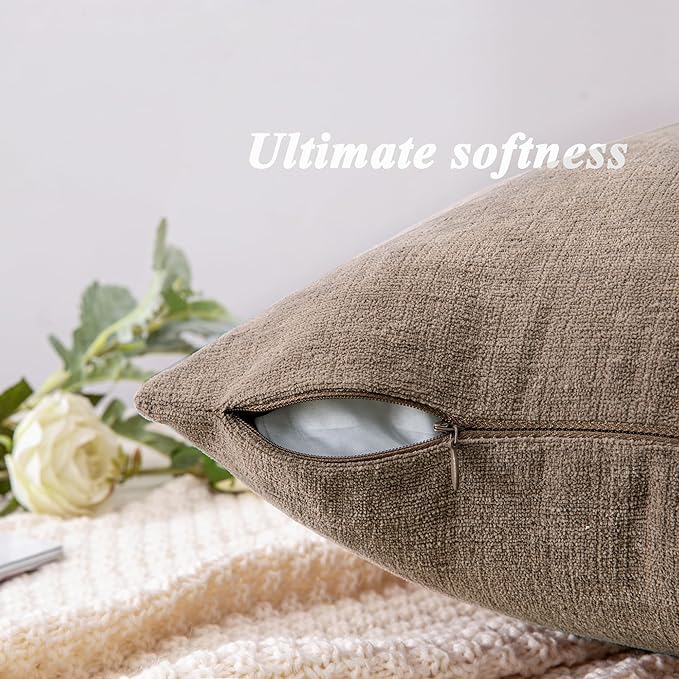 GAWAMAY Decorative Square Throw Pillow Covers Set of 2, Super Soft Chenille Farmhouse Fall Pillowcase for Living Room Bedroom Sofa Couch Home Decoration Cushion Cover Taupe Grey 55x55cm/22x22