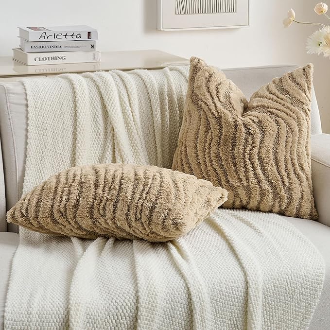 FUTEI Khaki Decorative Throw Pillow Covers 22x22 Inch Set of 2,Soft Faux Fur Geometric Shapes Texture Cushion Case,Boho Home Decor for Couch Bed Living Room