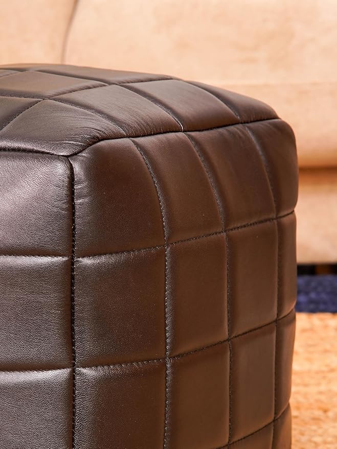 Handmade Eco-Friendly Geometric Leather Pouf Black Color Square 21" x 21" x 12" Goat Leather Pouf for Living Room, Bedroom Seating, Patio