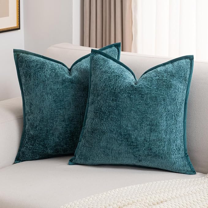 FUTEI Teal Chenille Throw Pillow Covers 16x16 Inch Set of 2,Soft Cozy Bound Edge Design Cushion Case,Home Decor for Couch Bed Living Room