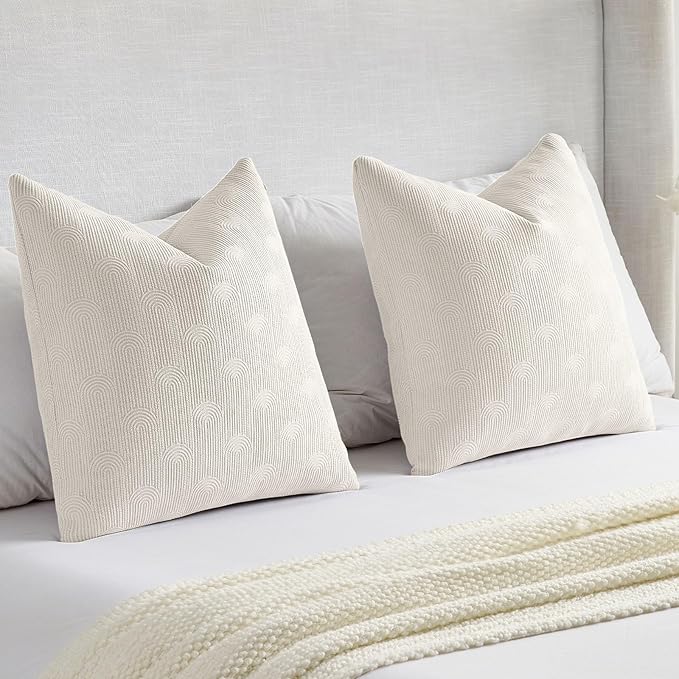FUTEI Cream Chenille Decorative Throw Pillow Covers 22x22 Inch Set of 2,Soft Cozy Striped Geometric Patterns Cushion Cases,Modern Home Decor for Couch Bed Living Room
