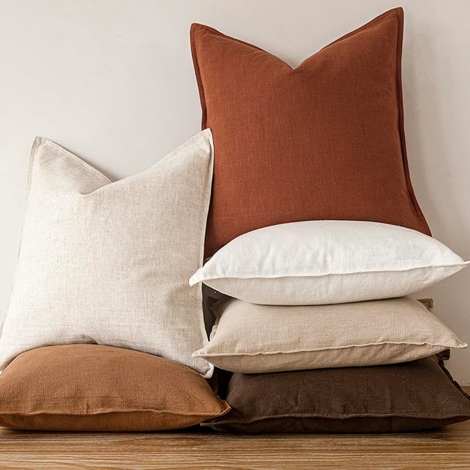 Foindtower Pack of 2, Decorative Linen Soild Throw Pillow Covers Soft Accent Cushion Case Farmhouse Neutral Pillowcase for Chair Couch Sofa Bedroom Living Room Home Decor 16 x 16 Inch Fall Rust Orange