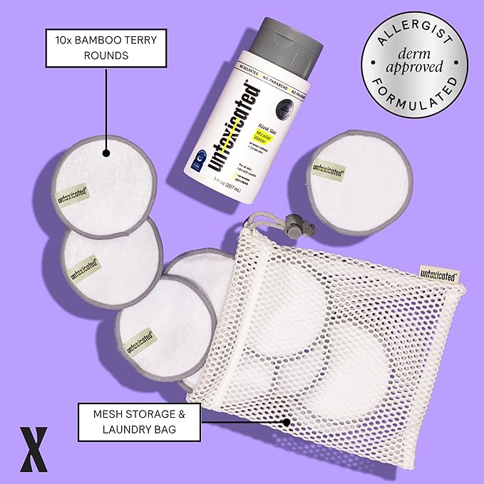 Untoxicated Ultra Soft Cleansing Pads - Double-Layered Reusable Bamboo Terry Rounds - Makeup Removal & Skincare for Sensitive Skin - Soft & Durable - Includes Washable Storage Bag - 10CT