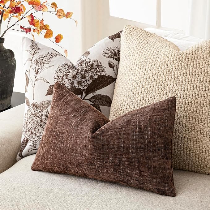 Foindtower Pack of 2 Textured Chenille Throw Decorative Pillow Covers Square Accent Solid Cushion Cover Neutral Farmhouse Lumbar Pillow Case for Couch Sofa Bedroom Living Room 12x20 Inch,Red Brown