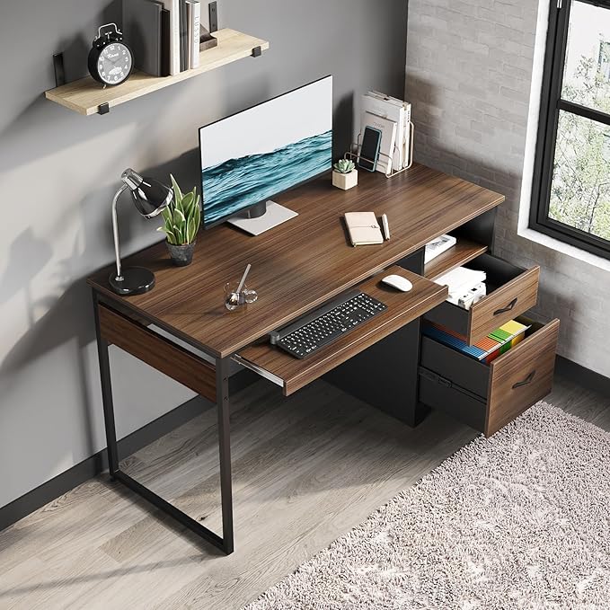 Bestier 48” Computer Desk with Drawers, Office Desk with Storage, Industrial Wood Writing Desk with File Drawer, Keyboard Tray & 2 Hooks for Home Office & Studio, Cherry