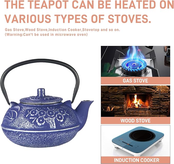 Cast Iron Teapot,SECHUDO Blue Tea Kettle,Japanese Cast Iron Teapot with Stainless Steel Infuser for Stovetop Safe (20.3OZ/600ML)