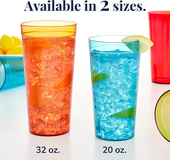 US Acrylic Cafe Plastic Reusable Tumblers (Set of 16) 20-ounce Water Cups Assorted Colors | Restaurant Style Drinking Glasses Value Set, Stackable, BPA-free, Made in the USA | Top-rack Dishwasher Safe