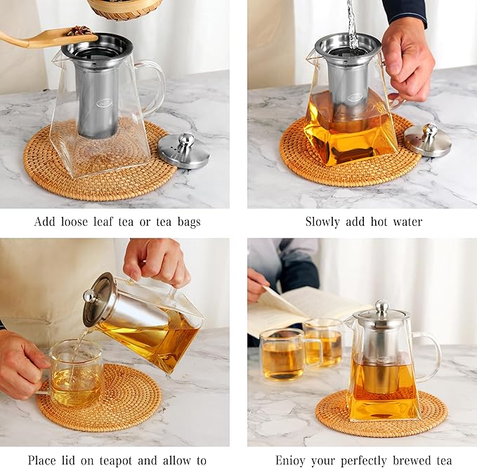 CNGLASS Glass Teapot with Infuser,31oz Clear Glass Tea Kettle with Removable Stainless Steel Strainer,Stovetop Safe Glass Teapot for Blooming and Loose Leaf Tea…
