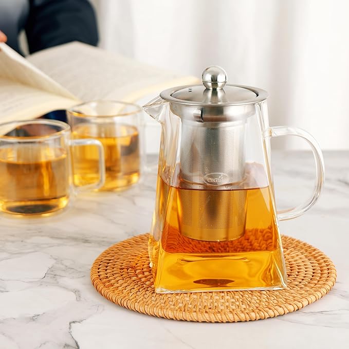 CNGLASS Glass Teapot with Infuser,31oz Clear Glass Tea Kettle with Removable Stainless Steel Strainer,Stovetop Safe Glass Teapot for Blooming and Loose Leaf Tea…
