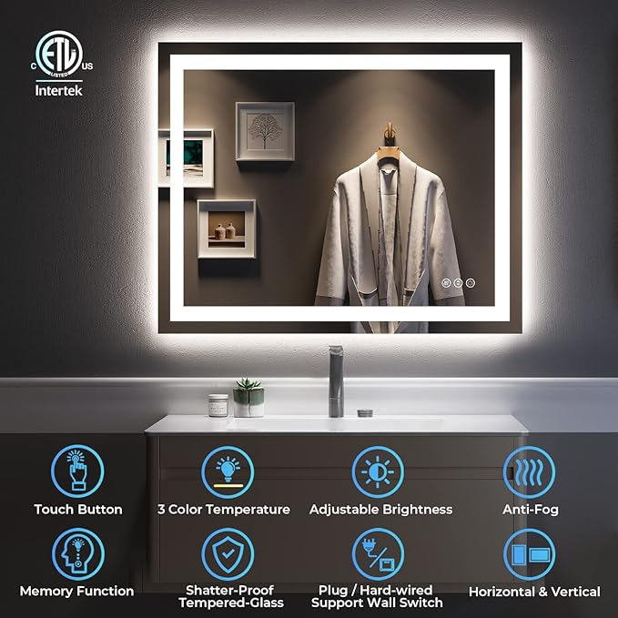 40x32 Inch LED Bathroom Mirror with Lights Front and Backlit Lighted Vanity Mirror for Bathroom Wall with 3 Colors Dimmable Anti-Fog Memory Shatter-Proof IP54 Waterproof Horizontal/Vertical