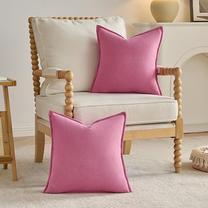 FUTEI Hot Pink Chenille Throw Pillow Covers 18x18 Inch Set of 2,Edges Double-Stitched Cushion Cases,Modern Home Decor for Couch Living Room