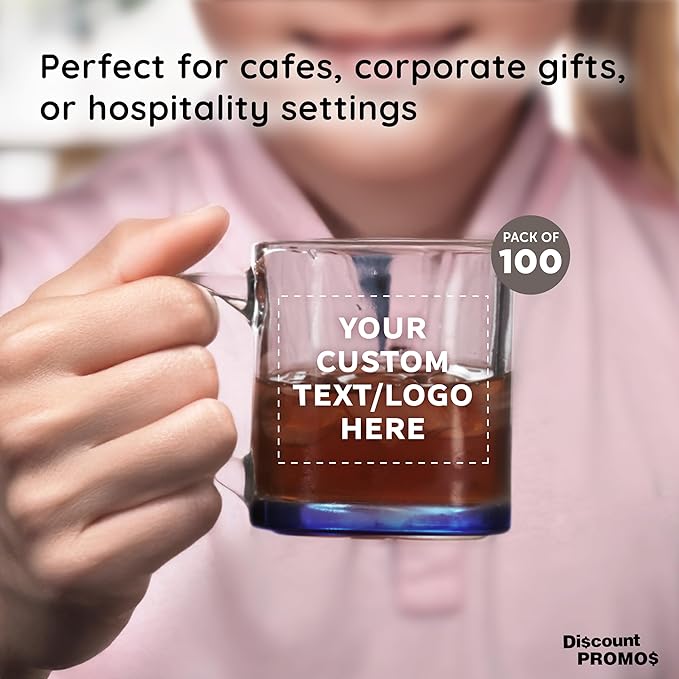 Custom Clear Glass Coffee Mugs 13 oz. Set of 100, Personalized Bulk Pack - Perfect for Coffee, Tea, Espresso, Hot Cocoa, Other Beverages - Blue Bottom