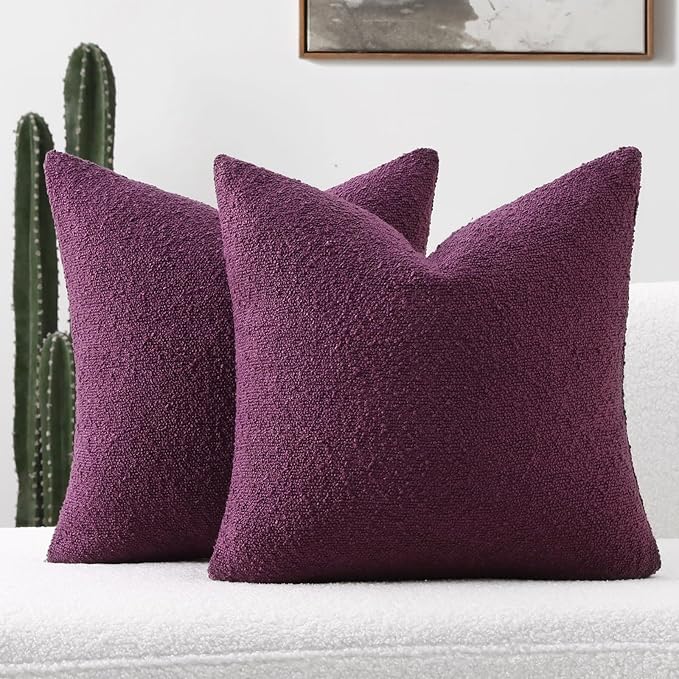 FUTEI Pack of 2 Purple Decorative Throw Pillow Covers 24x24 Inch Soft Cozy Solid Boucle Textured European Cushion Case,Modern Home Decor for Couch Bed Living Room