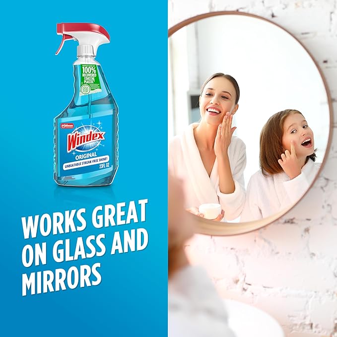 Windex Glass and Window Cleaner Spray Bottle, Packaging Designed to Prevent Leakage and Breaking, Surface Cleaning Spray, Original Blue Scent, 23 Fl Oz