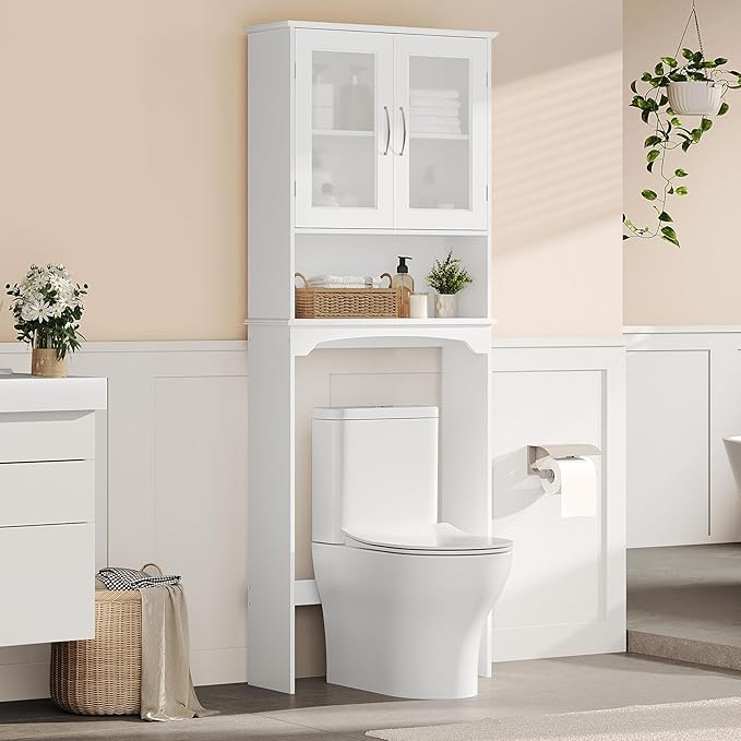 Yaheetech Over The Toilet Storage Cabinet with Double Tempered Glass Doors and Adjustable Shelf, Freestanding Bathroom Storage Rack, 66 Inches Height