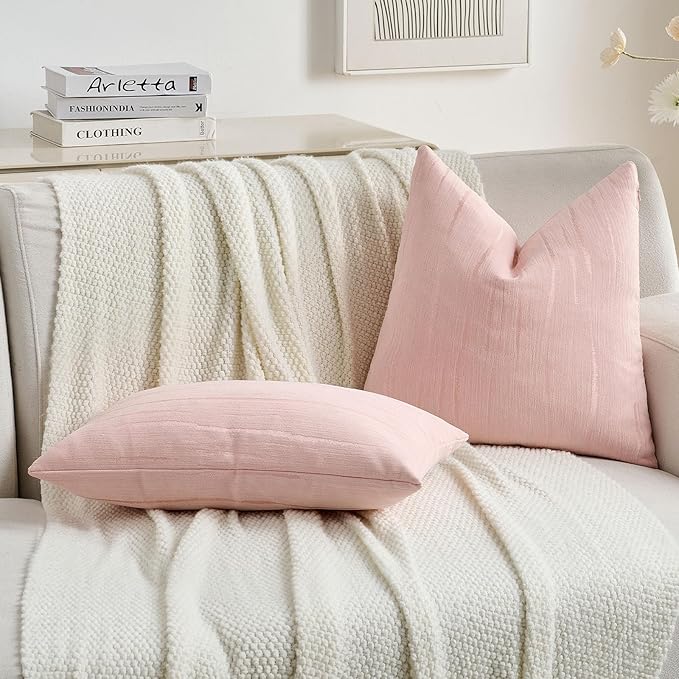 FUTEI Pink Chenille Decorative Throw Pillow Covers 18x18 Inch Set of 2,Soft Embossed Striped Textured Cushion Case,Modern Home Decor for Couch Bed Living Room