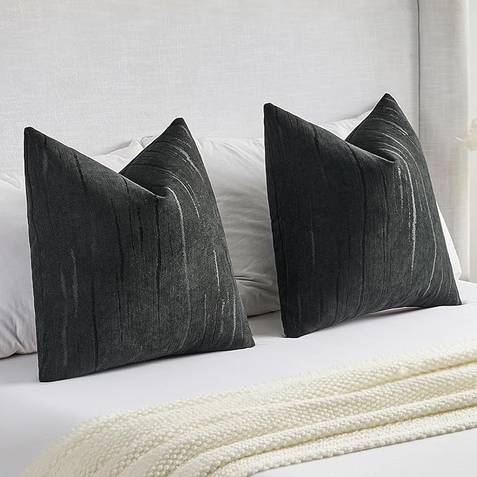 FUTEI Black Chenille Decorative Throw Pillow Covers 18x18 Inch Set of 2,Soft Embossed Striped Textured Cushion Case,Modern Home Decor for Couch Bed Living Room