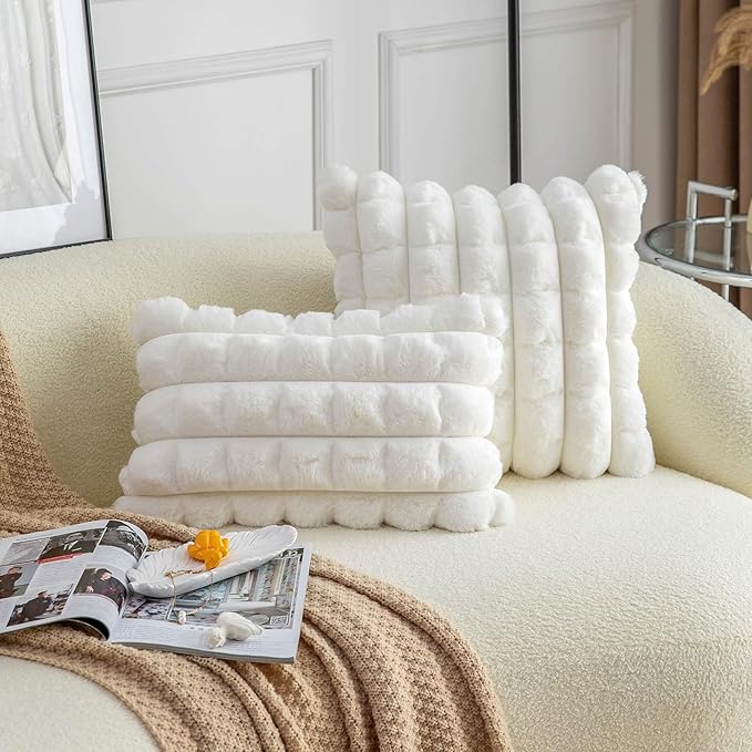 Neelvin Cream White Faux Fur Cozy Soft Plaid Decorative Throw Pillow Covers 24x24 inch Set of 2,Velvet Pillowcase Cushion Case for Sofa Couch