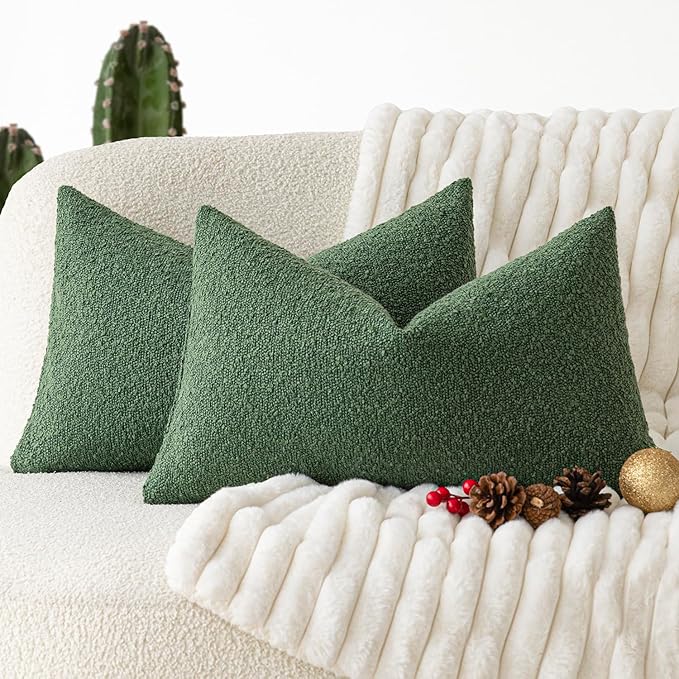 Foindtower Pack of 2 Textured Boucle Throw Pillow Covers Accent Solid Decorative Lumbar Pillow Cases Cozy Couch Cushion Case for Chair Sofa Bed Living Room Home Decor 12 x 20 Inch Hunter Green