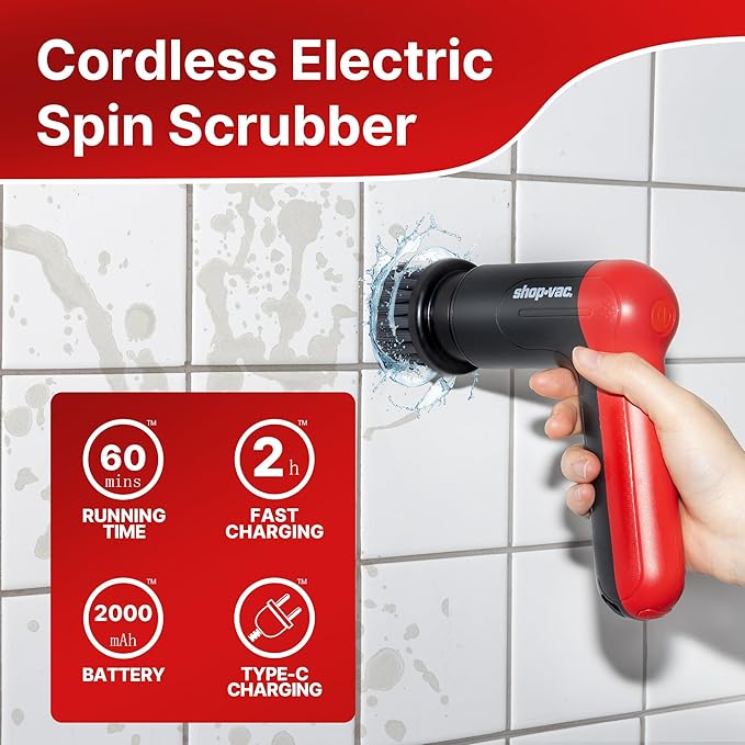 Shop-Vac Cordless Spin Scrubber, 2-Speed (180/240RPM) Electric Cleaning Brush with 5 Multi-Surface Heads, 2000mAh Battery, 60-Min Runtime, for Kitchen & Bathroom
