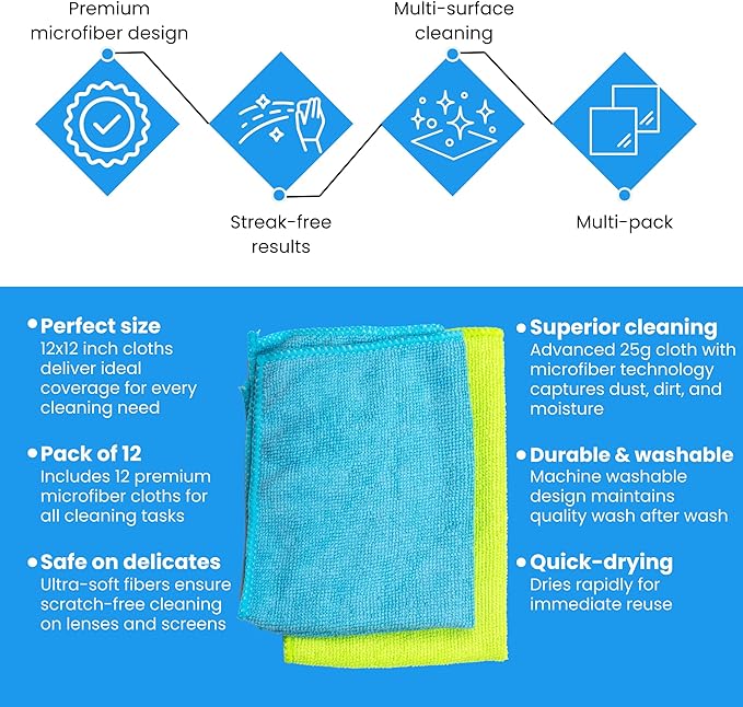 Microfiber Cleaning Cloth 12 Pack - 12 x 12 inches - Rags for Cleaning House Streak-Free Wipes for Screens, Dusting & Appliances - Premium Microfiber Cleaning Cloth