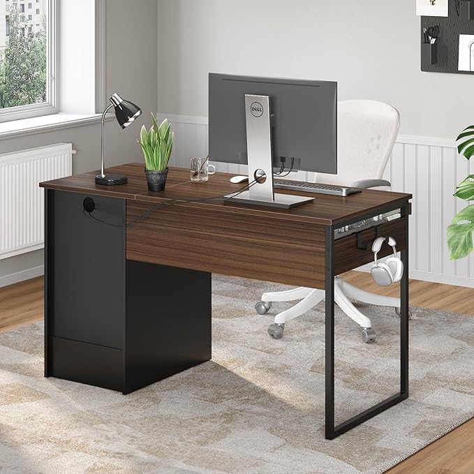 Bestier 48” Computer Desk with Drawers, Office Desk with Storage, Industrial Wood Writing Desk with File Drawer, Keyboard Tray & 2 Hooks for Home Office & Studio, Cherry