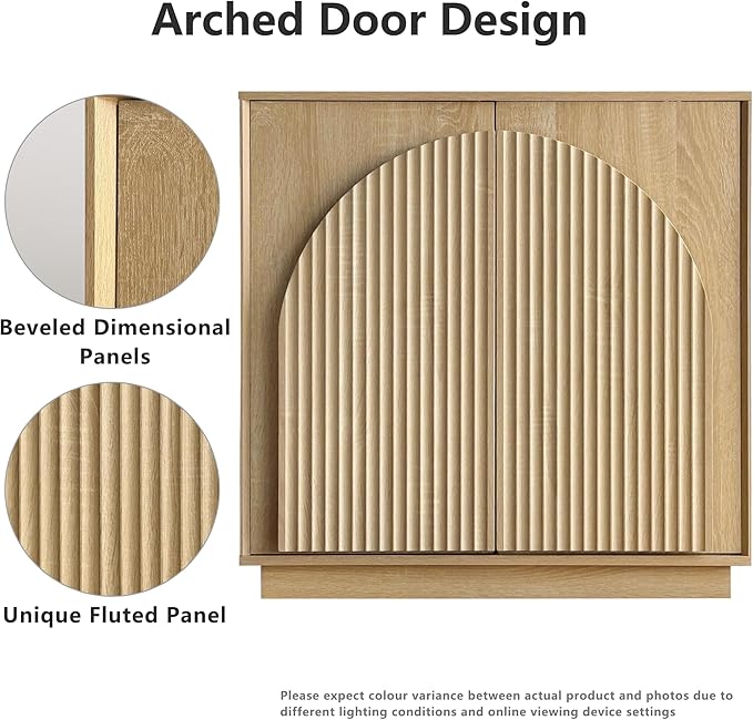 win2win Fluted Sideboard Buffet Cabinet with Storage, 31.5" Modern Boho Accent Cabinet with Double-Layered Arch Doors, Small Wood Console Credenza for Living Room, Dining Room, Entryway, Hallway, Oak