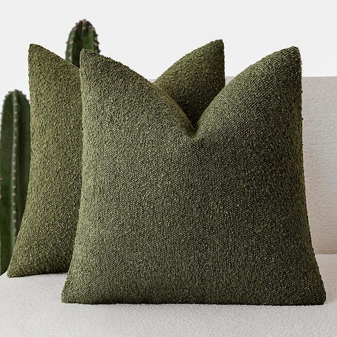 Foindtower Set of 2, Decorative Textured Boucle Throw Pillow Covers Accent Solid Pillow Cases Neutral Soft Cozy Couch Cushion Case for Chair Sofa Bedroom Living Room Home Decor 24x24 Inch Moss Green