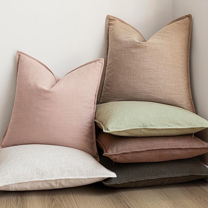 Foindtower Pack of 2, Decorative Linen Solid Throw Pillow Covers Soft Accent Cushion Case Boho Farmhouse Pillowcase for Bed Chair Couch Sofa Bedroom Living Room Home Decor 24 x 24 Inch Light Pink