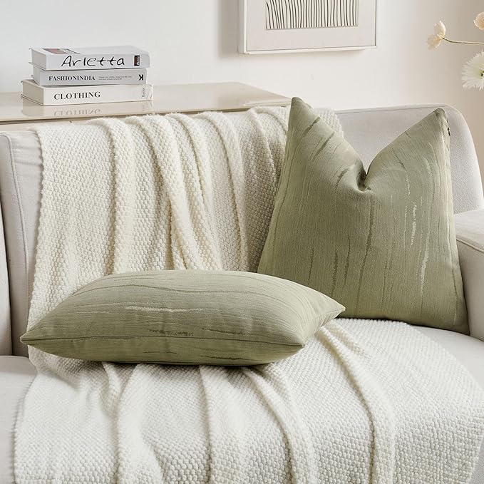 FUTEI Olive Green Chenille Decorative Throw Pillow Covers 20x20 Inch Set of 2,Soft Embossed Striped Textured Cushion Case,Modern Home Decor for Couch Bed Living Room