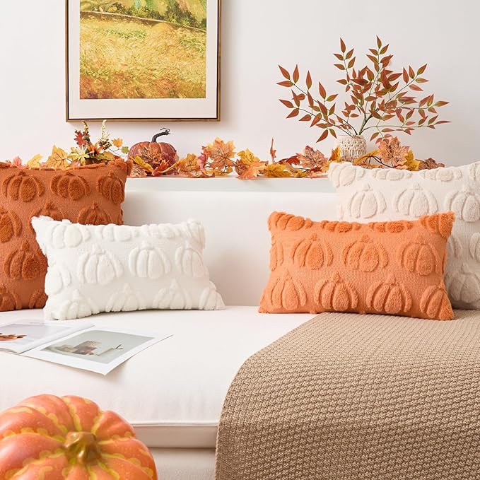Kevin Textile Fall Pillow Covers 18x18 Inch Set of 2 Soft Pumpkins Decorative Square Pillowcases Plush Autumn Faux Fur Cushions Harvest Gift for Couch Sofa Chair Bedroom Home Decor, Orange