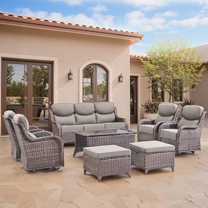 Swivel Patio Chairs sofa Set of 8 with 6" Thick Cushion - Wicker Outdoor Swivel Rocker Patio Chair ,Sofa/Glass coffee table, High Back Comfortable Outdoor Glider Chairs - Brown Wicker | Gery Cushions