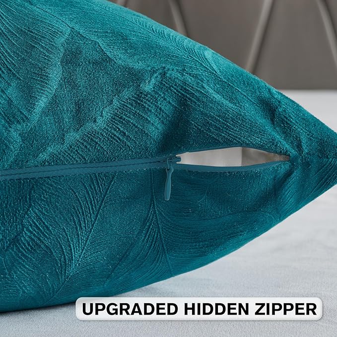 FUTEI Teal Velvet Throw Pillow Covers 18x18 Inch Set of 2,Soft Embossed Leaf-Relief Textured Cushion Cases,Natural Home Decor for Couch Living Room