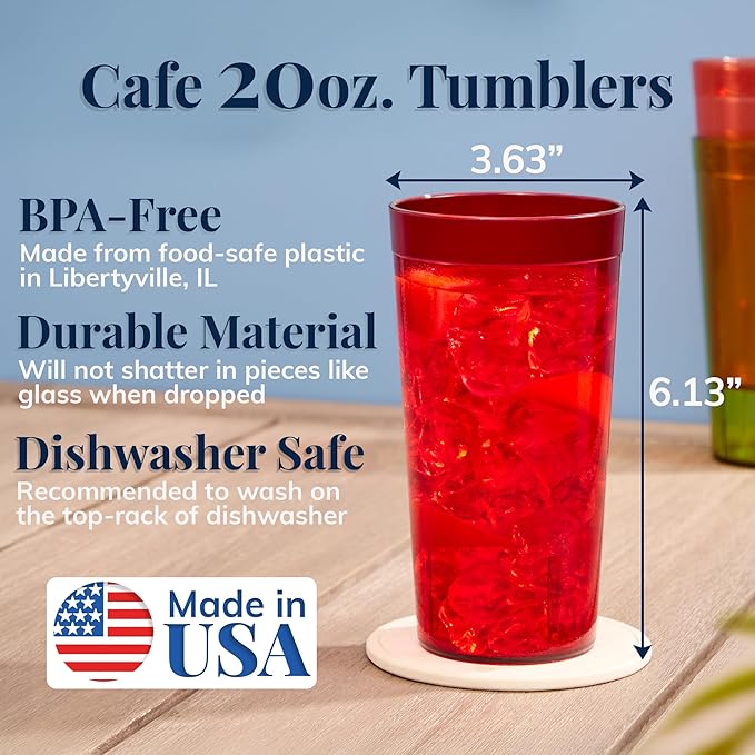 US Acrylic Cafe Plastic Reusable Tumblers (Set of 16) 20-ounce Water Cups Assorted Colors | Restaurant Style Drinking Glasses Value Set, Stackable, BPA-free, Made in the USA | Top-rack Dishwasher Safe