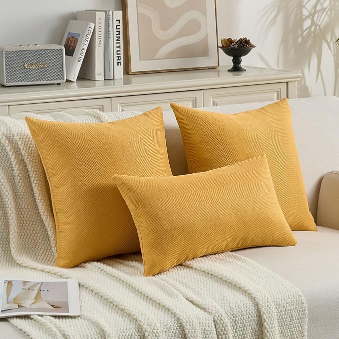 FUTEI Mustard Yellow Chenille Throw Pillow Covers 12x20 Inch Set of 2,Soft Wide Chevron Textured Lumbar Pillow Cases,Farmhouse Home Decor for Couch Bed Living Room