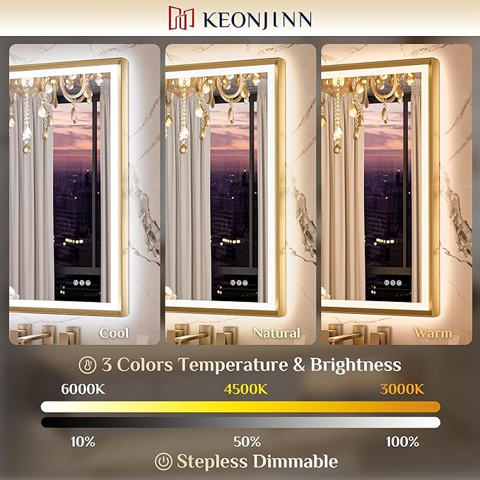 Keonjinn Gold LED Bathroom Mirror 40 x 24 Inch with Frontlit & Backlit, Lighted Mirrors Metal Framed for Wall, Stepless 3 Colors Lights, Anti Fog, Tempered Glass, Brighter and No Dark Corner