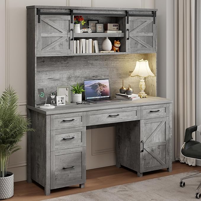 Farmhouse 67''H Executive Desk with Hutch & 5 Drawers, Rustic Office Desks Computer Desks with Charging Station, File Drawers and Storage Cabinets, Wood Workspace for Home Office & Study.（Grey）.